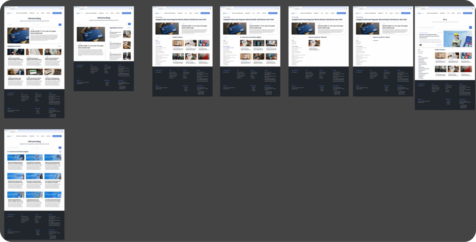 Ukirama Blog index page with category filters and redesigned article cards, plus article page and search results
