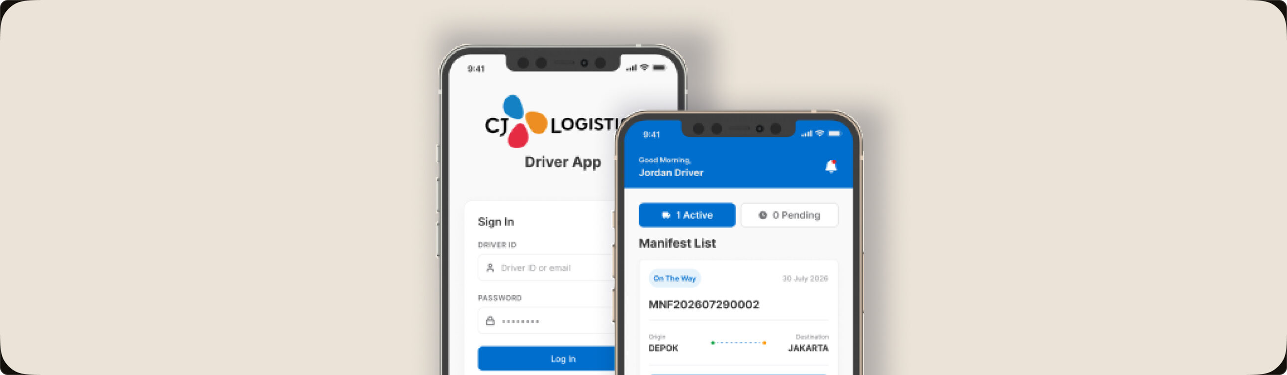 CJ Logistics Driver Application sign-in and manifest list screens